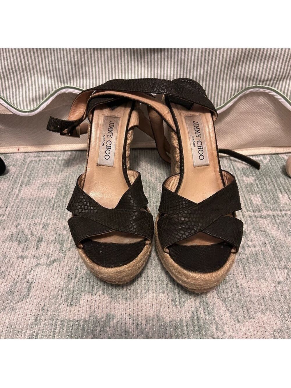 Jimmy Choo Dark Olive Snake Embossed Espadrille Wedges | size 8